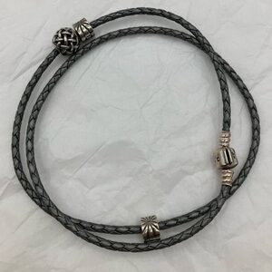 PANDORA 3 tours bracelet Braided Leather Necklace with Silver Accents 22 inches